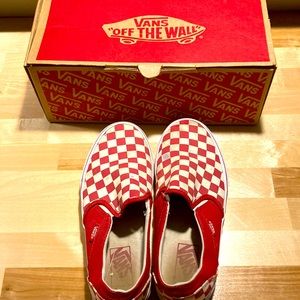 Red checkered slip on vans